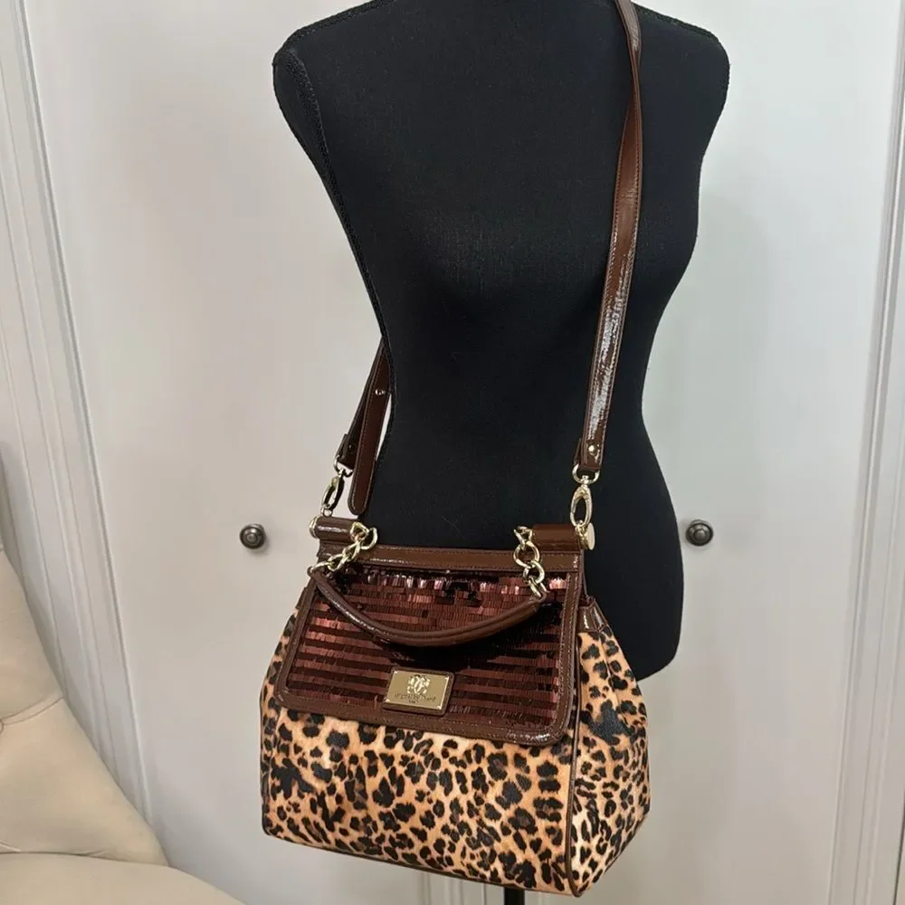 Sharif Leopard Print Satchel with Rose Gold Sequined Flap and Brown Trim